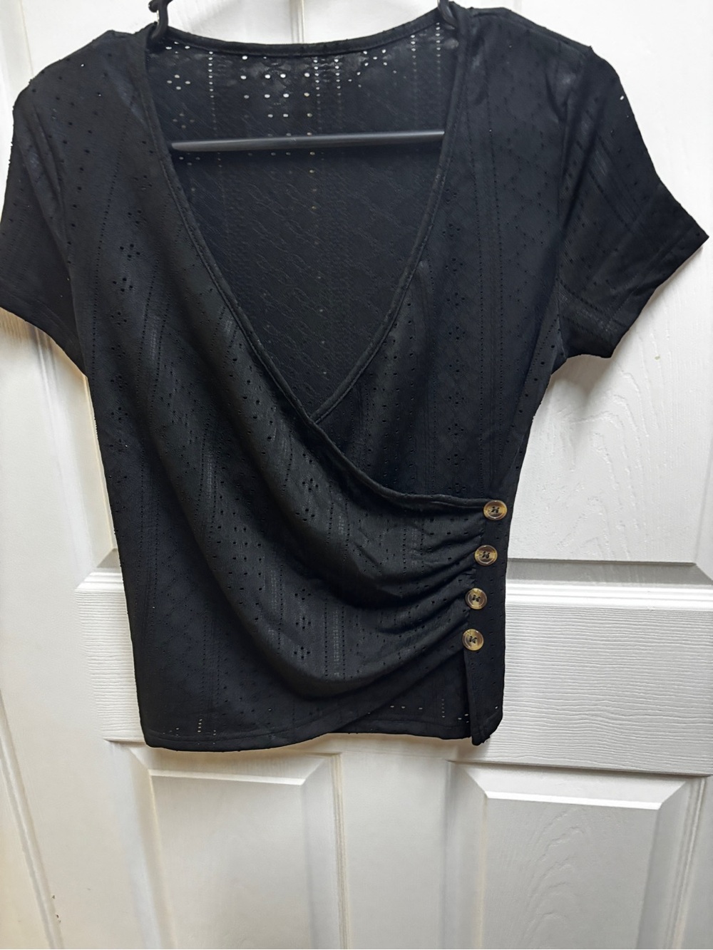 SHEIN Black Eyelet Ruched Wrap Front Button Top